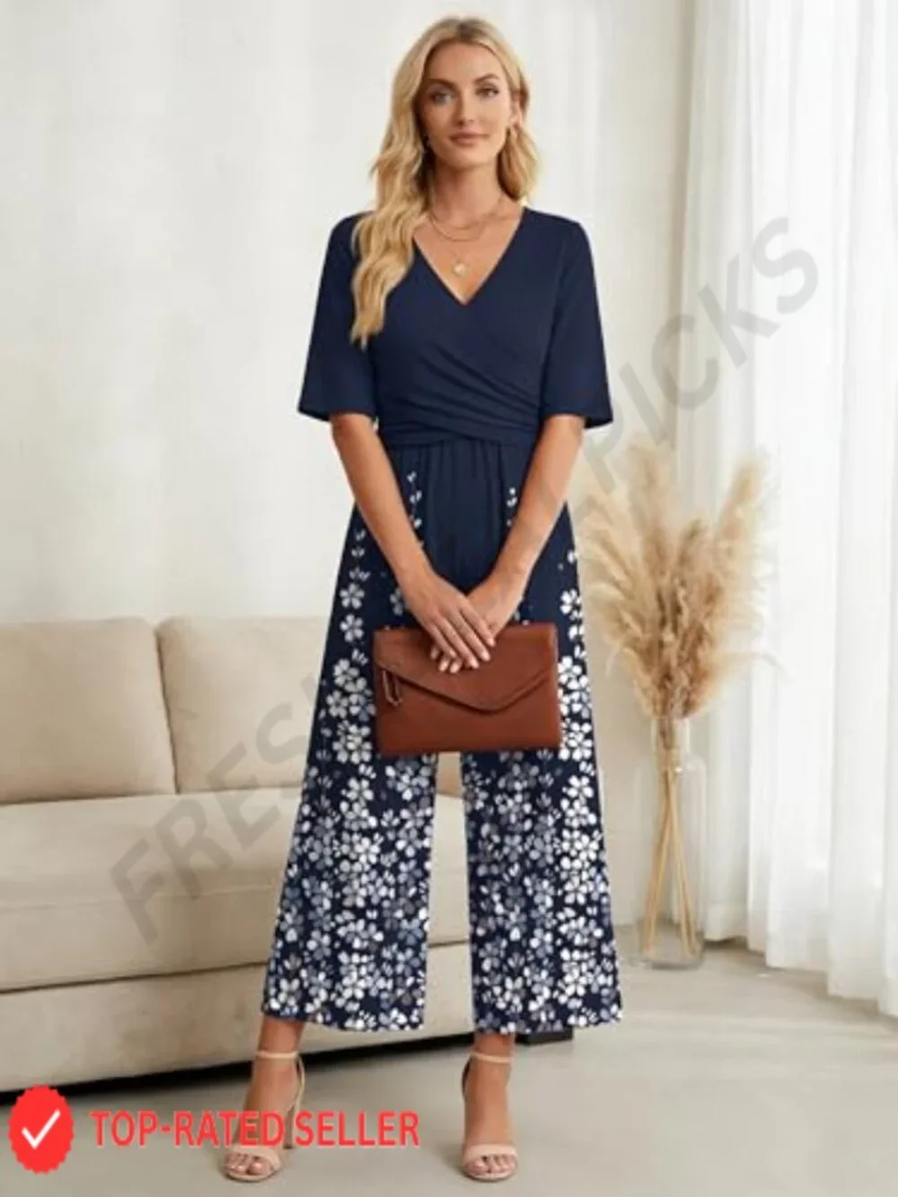 Women's Boho Floral V Neck Short Sleeve Wide Leg Jumpsuit with Pockets